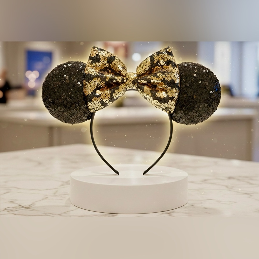 Disney Minnie Mouse black and gold sequin cheetah print ears headband